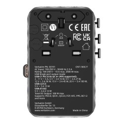 Adapter podróżny Verbatim Charge 'n' Travel GaN III globalny 1xUSB-C PD 3.0 QC 4+ 100W, 2xUSB-C 15W, 1xUSB-A 12W czarny