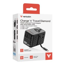 Adapter podróżny Verbatim Charge 'n' Travel GaN III globalny 1xUSB-C PD 3.0 QC 4+ 100W, 2xUSB-C 15W, 1xUSB-A 12W czarny