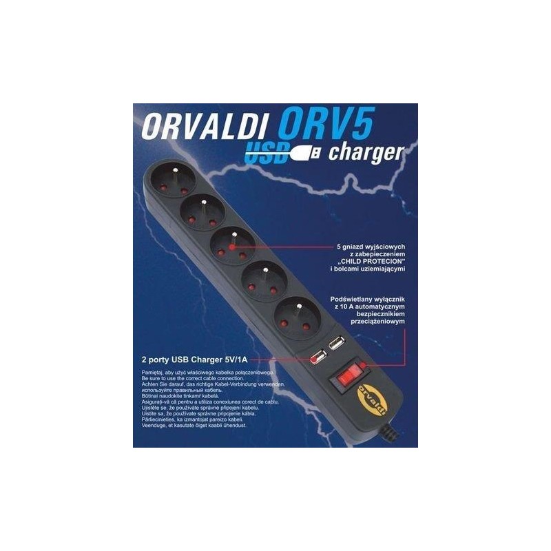 Listwa zasilająca przeciwprzepięciowa ORVALDI ORV-5 3m z ładowarką USB