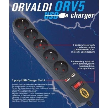 Listwa zasilająca przeciwprzepięciowa ORVALDI ORV-5 3m z ładowarką USB