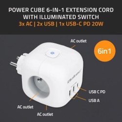 Kostka zasilająca Qoltec przedłużacz 6w1 z podświetlanym włącznikiem | 3x AC | 2x USB | 1x USB-C PD 20W | Biała