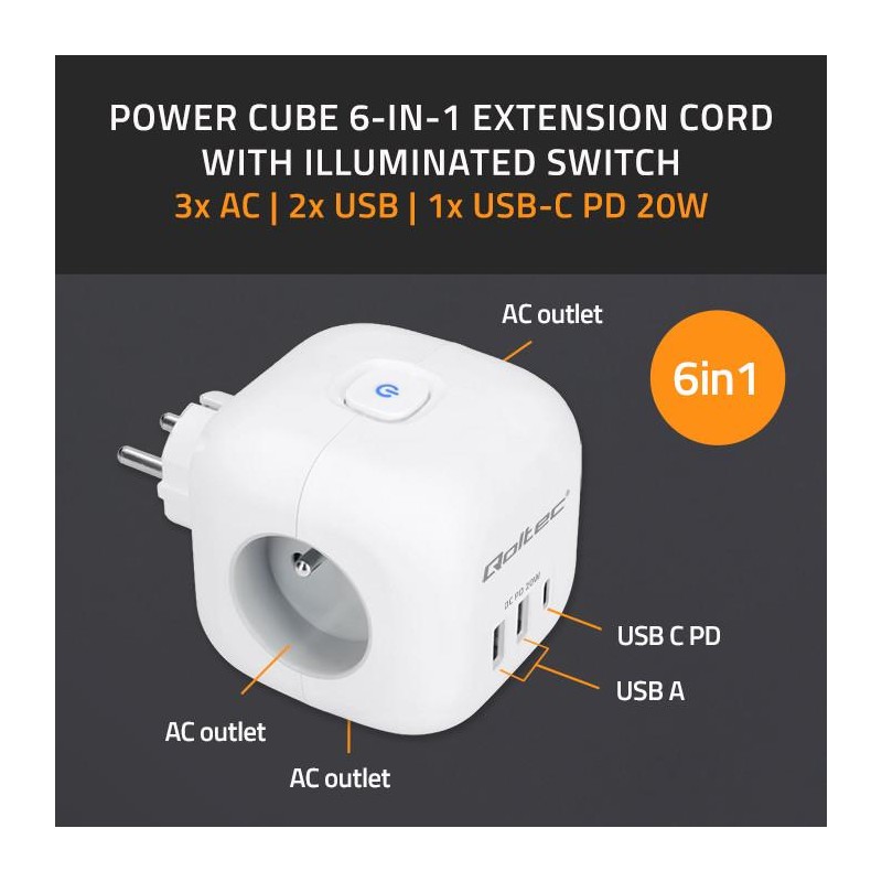 Kostka zasilająca Qoltec przedłużacz 6w1 z podświetlanym włącznikiem | 3x AC | 2x USB | 1x USB-C PD 20W | Biała