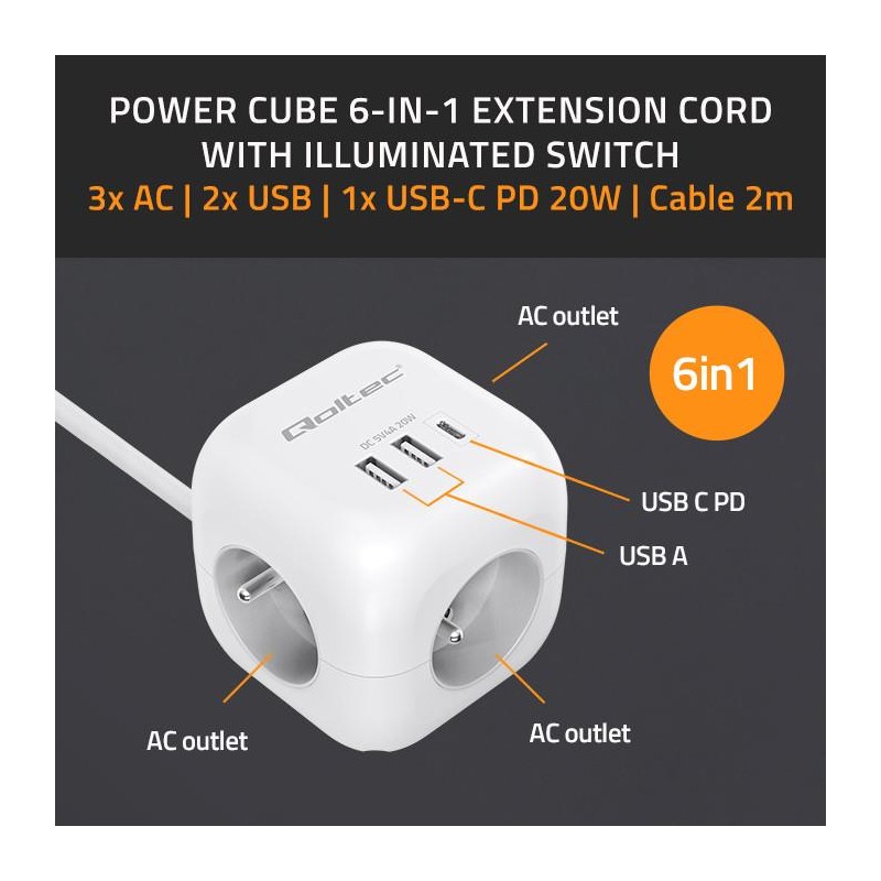 Kostka zasilająca Qoltec przedłużacz 6w1 z podświetlanym włącznikiem | 3x AC | 2x USB | 1x USB-C PD 20W | Biała | Kabel 2m