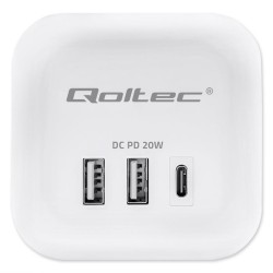 Kostka zasilająca Qoltec przedłużacz 6w1 z podświetlanym włącznikiem | 3x AC | 2x USB | 1x USB-C PD 20W | Biała | Kabel 2m