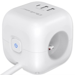 Kostka zasilająca Qoltec przedłużacz 6w1 z podświetlanym włącznikiem | 3x AC | 2x USB | 1x USB-C PD 20W | Biała | Kabel 2m