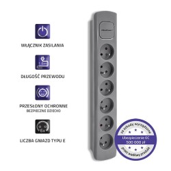 Listwa zasilająca Qoltec 6 gniazd | 1.8m | Szara