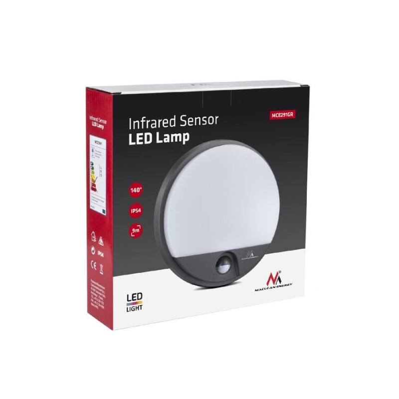Lampa LED Maclean MCE291 GR z czujnikiem ruchu na podczerwień 1100lm 15W IP54 szara