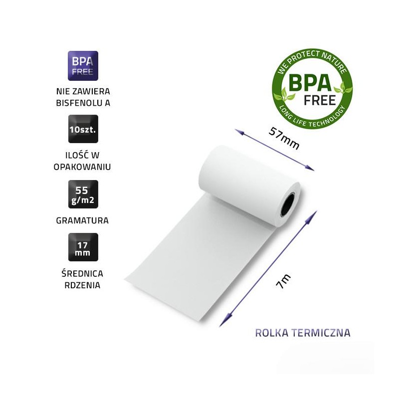 Rolka termiczna Qoltec 57x7 | 55g/m2 | 10szt