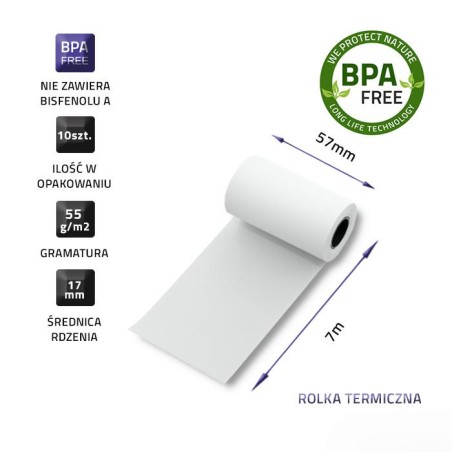 Rolka termiczna Qoltec 57x7 | 55g/m2 | 10szt