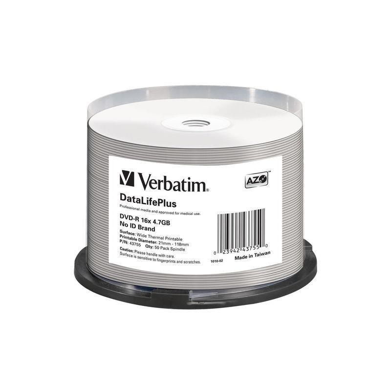 Płyty DVD-R Verbatim 4.7GB X16 AZO DL+ printable thermal białe NO ID (50 Cake)