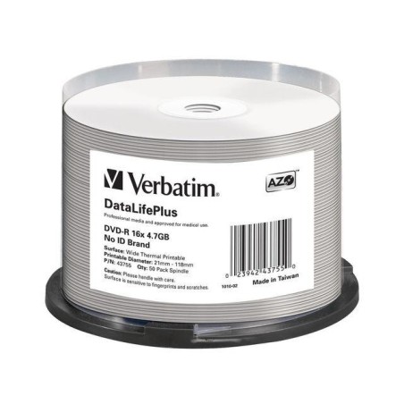 Płyty DVD-R Verbatim 4.7GB X16 AZO DL+ printable thermal białe NO ID (50 Cake)
