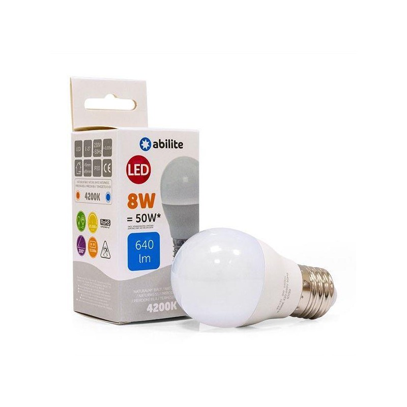 Żarówka LED Abilite kulka mleczna b.neutralna E27 8W/230V 640lm G45