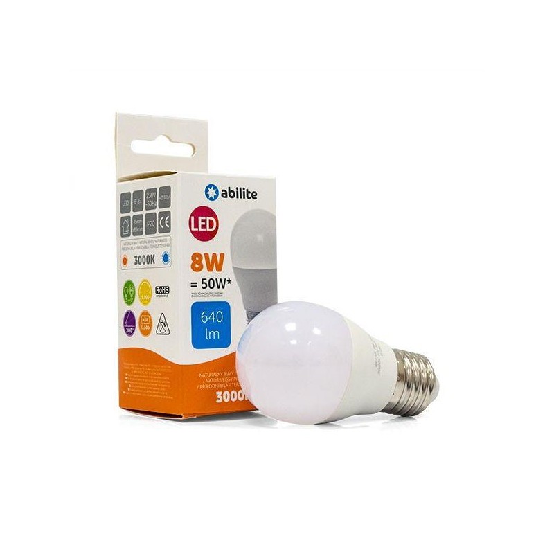 Żarówka LED Abilite kulka mleczna b.ciepła E27 8W/230V 640lm G45