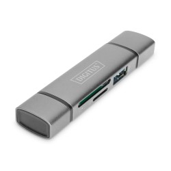 Czytnik kart DIGITUS 3-portowy USB Typ C/ USB 3.0 SuperSpeed SD Micro SD HQ aluminium szary