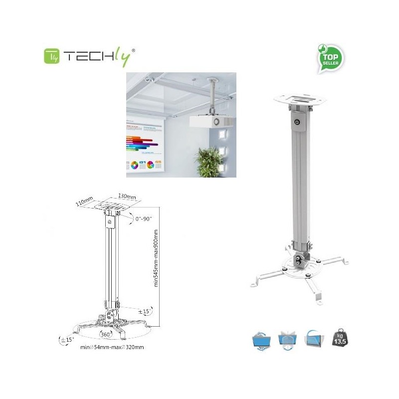 Ramię do projektora Techly 55-90 cm. 13,5kg, sufitowe, srebrne