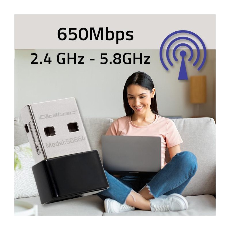 Adapter Qoltec Wi-Fi USB ultraszybki, bezprzewodowy mini | standard AC | 650Mbps