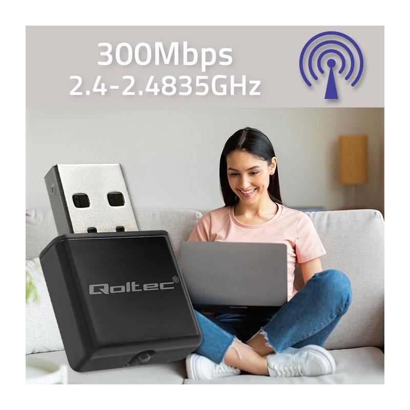 Karta sieciowa Qoltec Bezprzewodowy Ultra szybki mini adapter NANO WiFi | Standard N | USB 2.0 | 300Mbps