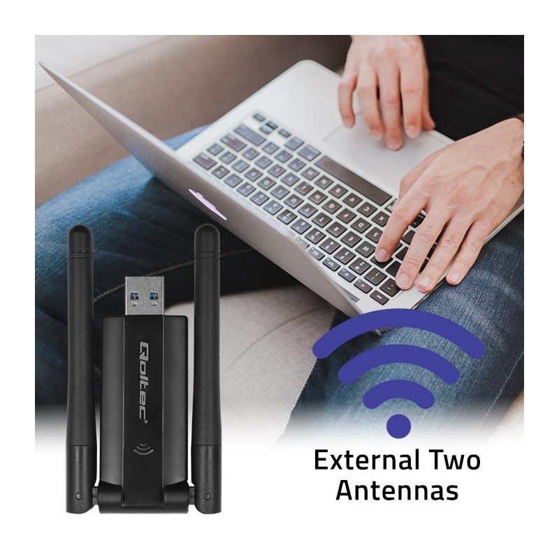 Karta sieciowa Qoltec Bezprzewodowy Adapter USB DUAL WiFi 2 x 2dBi | Standard AC | USB 3.0 | 1200Mbps