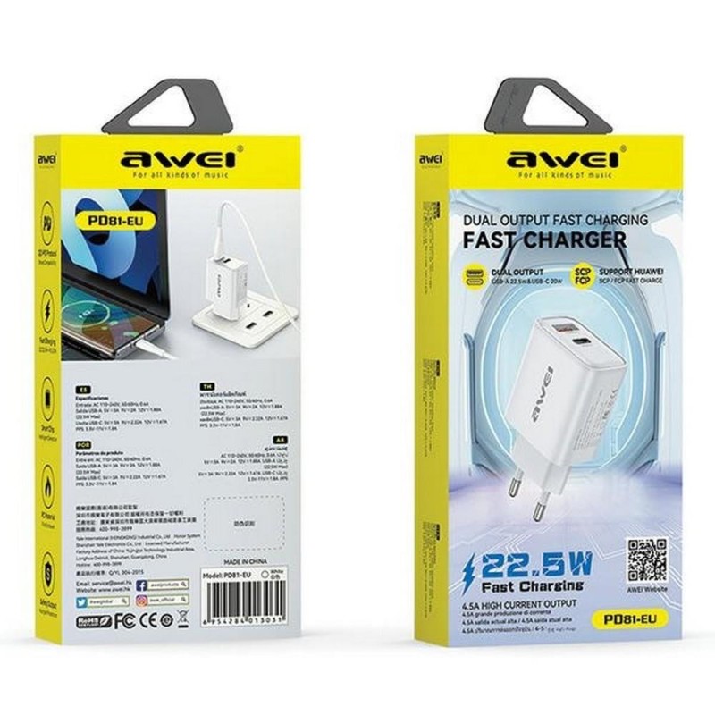Ładowarka sieciowa Awei PD81 22,5W GaN 1xUSB+1xUSB-C / bez kabla - biała