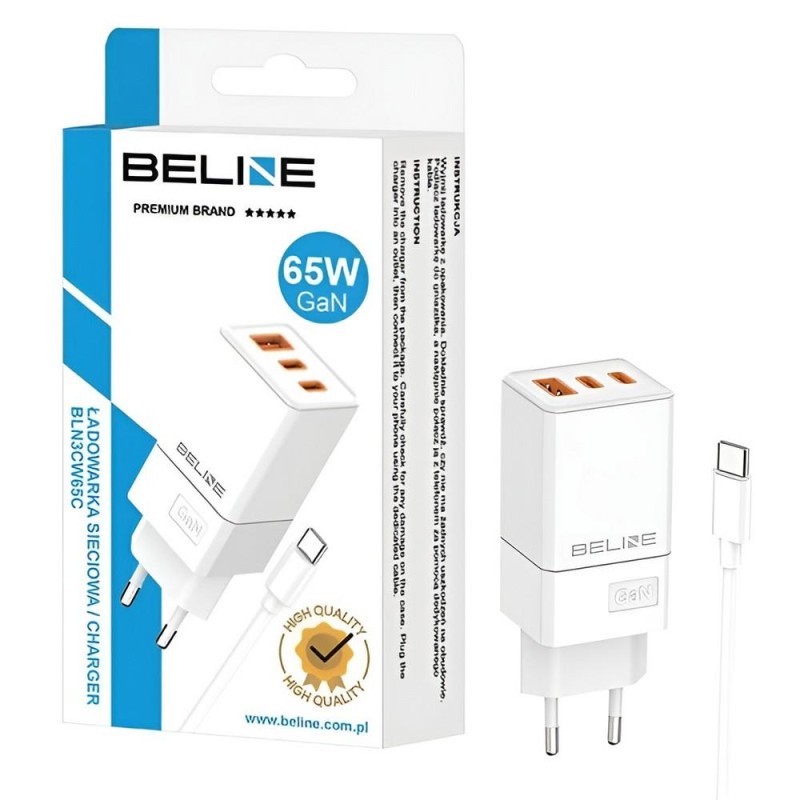 Ładowarka sieciowa Beline 65W GaN 2xUSB-C PD 3.0 + 1xUSB-A QC 3.0 +kabel USB-C - biała