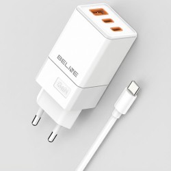 Ładowarka sieciowa Beline 65W GaN 2xUSB-C PD 3.0 + 1xUSB-A QC 3.0 +kabel USB-C - biała