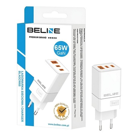 Ładowarka sieciowa Beline 65W GaN 2xUSB-C PD 3.0 + 1xUSB-A QC 3.0 bez kabla - biała