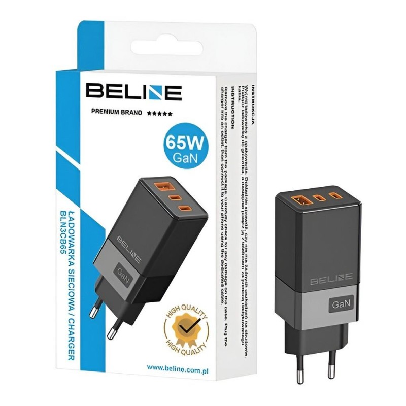 Ładowarka sieciowa Beline 65W GaN 2xUSB-C PD 3.0 + 1xUSB-A QC 3.0 bez kabla - czarna