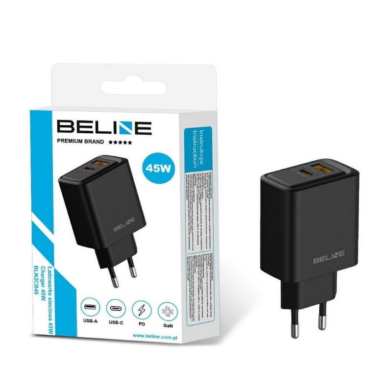 Ładowarka sieciowa Beline 45W 1xUSB-C + 1xUSB GaN PD 3.0 QC 3.0 bez kabla - czarna