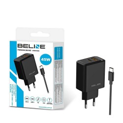 Ładowarka sieciowa Beline 45W 1xUSB-C + 1xUSB GaN PD 3.0 QC 3.0 + kabel USB-C/USB-C - czarna