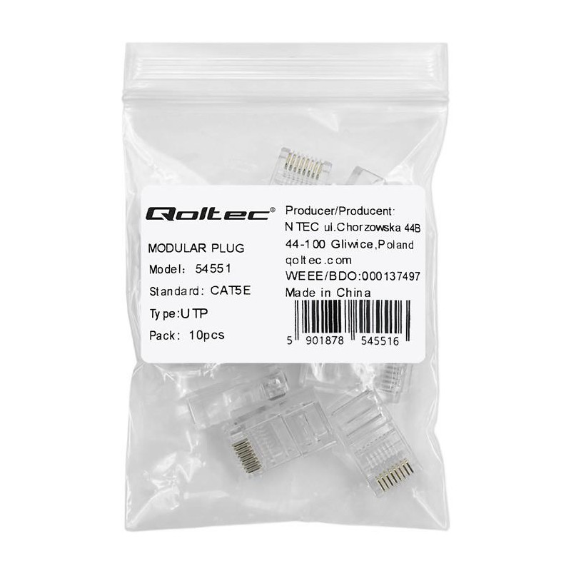 Wtyk QOLTEC złącze modularne RJ45 | CAT5e | UTP | Pozłacane styki | 10 sztuk