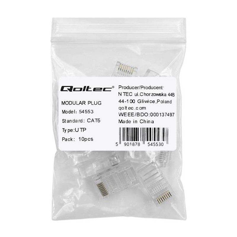 Wtyk QOLTEC złącze modularne RJ45 | CAT6 | UTP | Pozłacane styki | 10 sztuk
