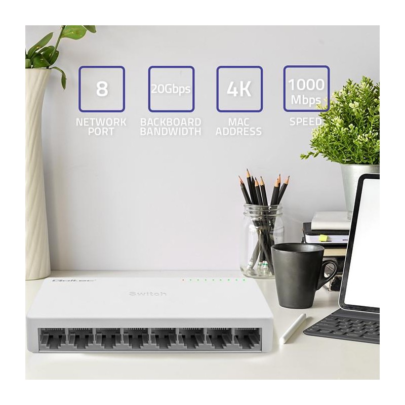Switch niezarządzalny Qoltec przełącznik sieciowy 8 x port RJ45 | 1000Mbps | Fast Ethernet | LAN