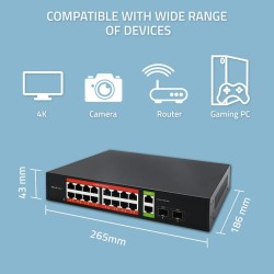 Switch niezarządzalny Qoltec przełącznik sieciowy Gigabit Ethernet PoE | 16x RJ45 | 2x RJ45 Uplink | 2x SFP | 1000 Mb/s