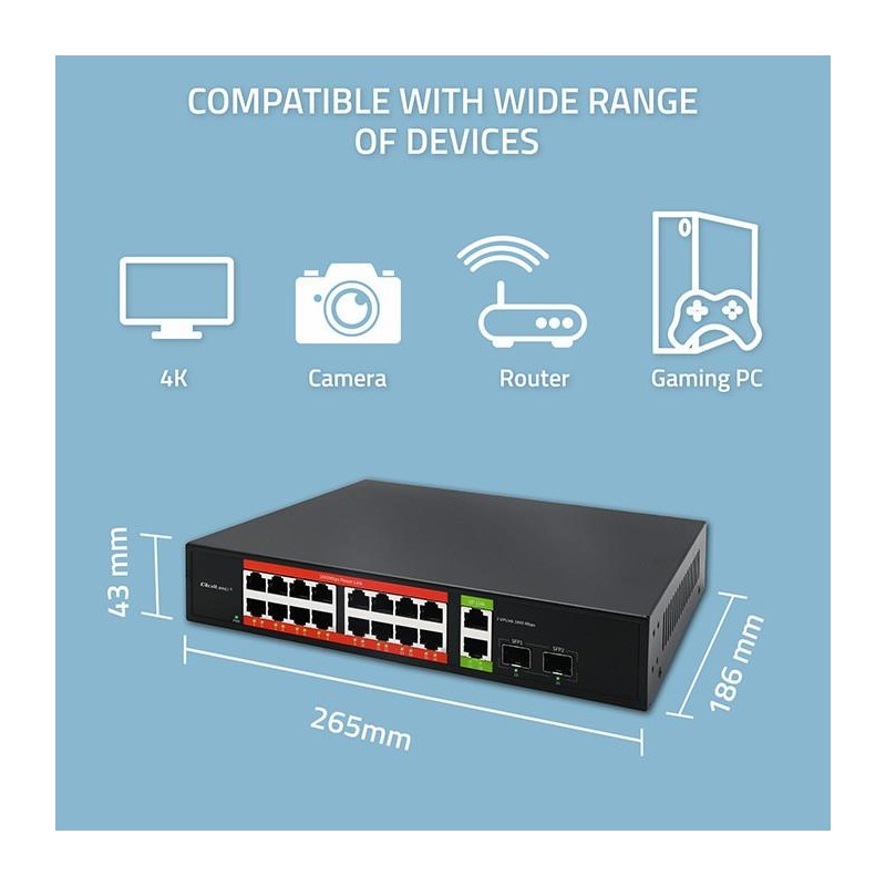 Switch niezarządzalny Qoltec przełącznik sieciowy Gigabit Ethernet PoE | 16x RJ45 | 2x RJ45 Uplink | 2x SFP | 1000 Mb/s