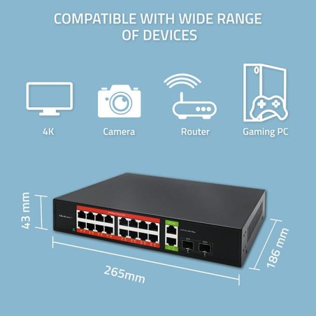Switch niezarządzalny Qoltec przełącznik sieciowy Gigabit Ethernet PoE | 16x RJ45 | 2x RJ45 Uplink | 2x SFP | 1000 Mb/s