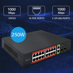 Switch niezarządzalny Qoltec przełącznik sieciowy Gigabit Ethernet PoE | 16x RJ45 | 2x RJ45 Uplink | 2x SFP | 1000 Mb/s