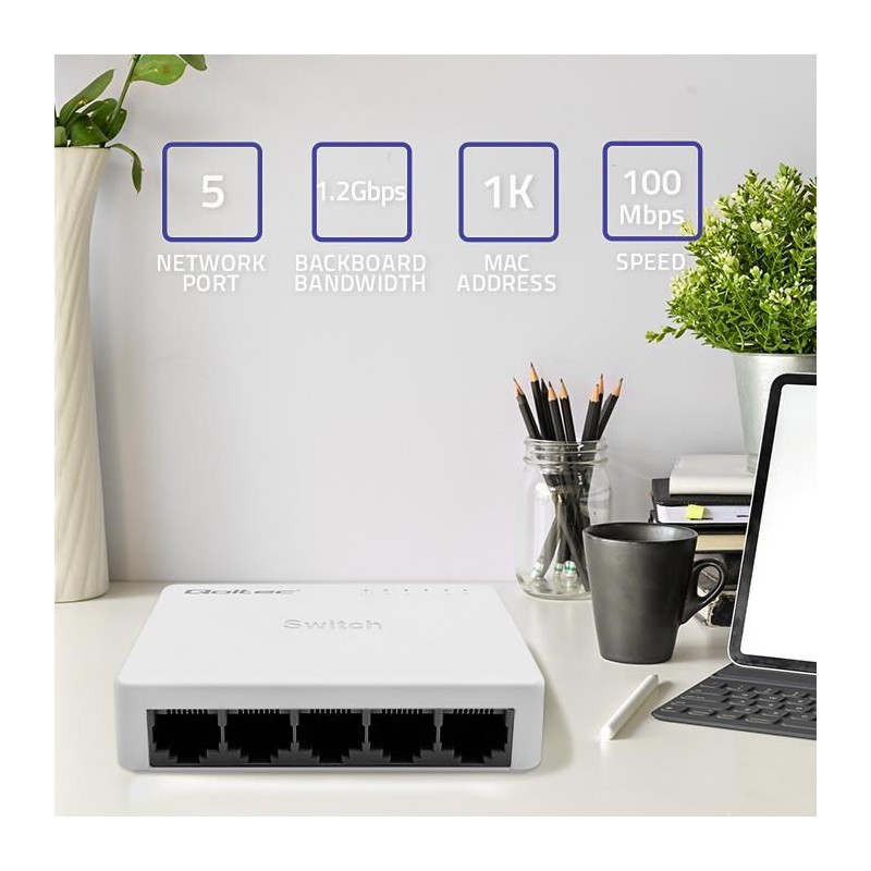 Switch niezarządzalny Qoltec przełącznik sieciowy 5 x port RJ45 | 100Mbps | Fast Ethernet | LAN