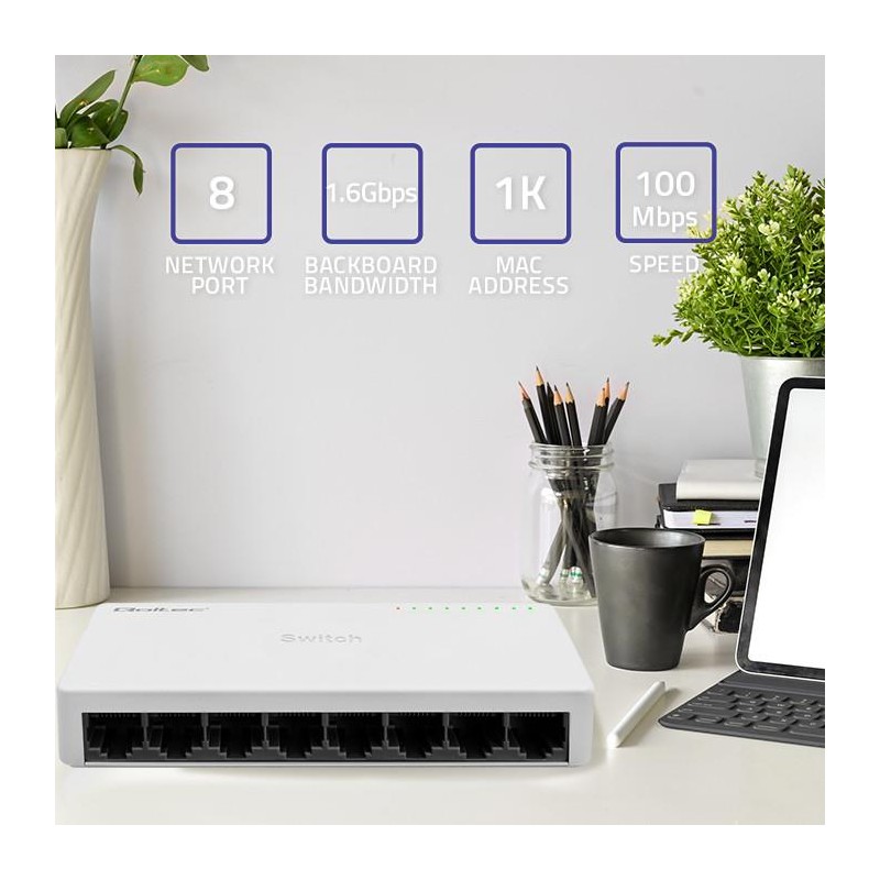 Switch niezarządzalny Qoltec przełącznik sieciowy 8 x port RJ45 | 100Mbps | Fast Ehernet | LAN