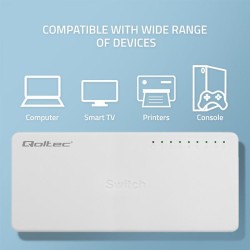 Switch niezarządzalny Qoltec przełącznik sieciowy 8 x port RJ45 | 100Mbps | Fast Ehernet | LAN