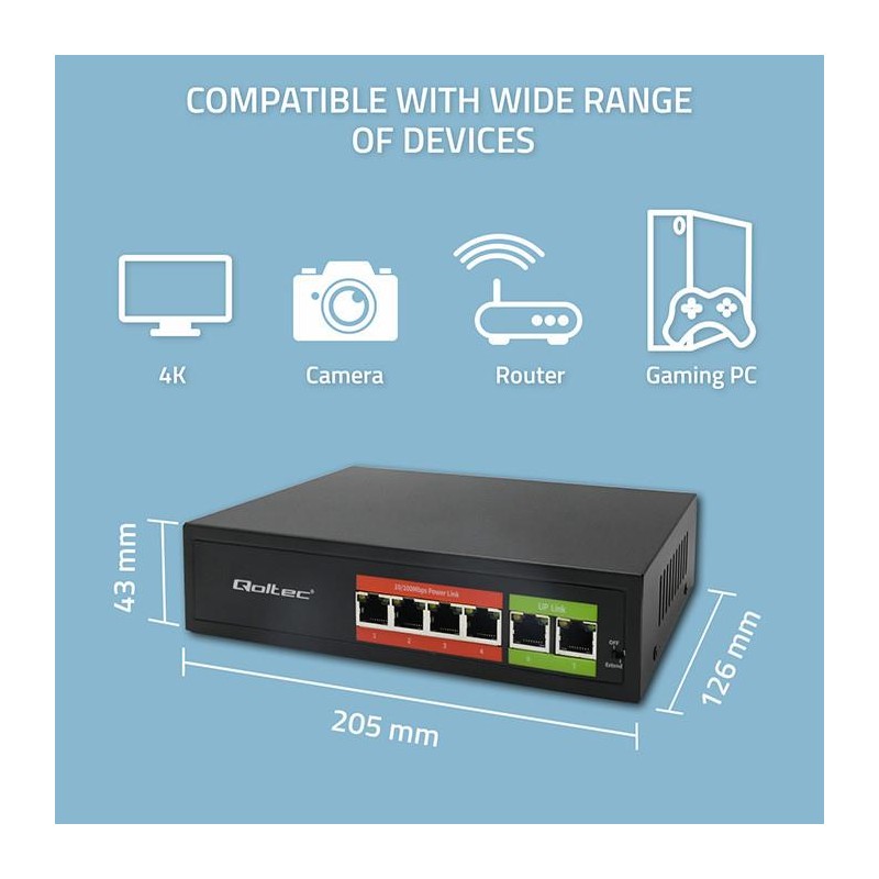 Switch niezarządzalny Qoltec przełącznik sieciowy Fast Ethernet PoE | 4x RJ45 | 2x RJ45 Uplink | 65W | 10/100Mb/s