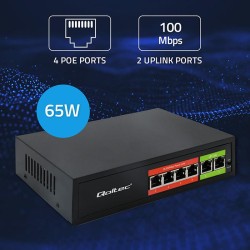 Switch niezarządzalny Qoltec przełącznik sieciowy Fast Ethernet PoE | 4x RJ45 | 2x RJ45 Uplink | 65W | 10/100Mb/s