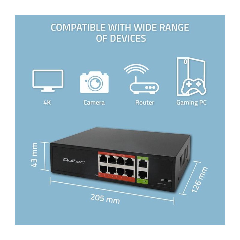 Switch niezarządzalny Qoltec przełącznik sieciowy Fast Ethernet PoE | 8x RJ45 | 2x RJ45 Uplink | 120W | 10/100Mb/s