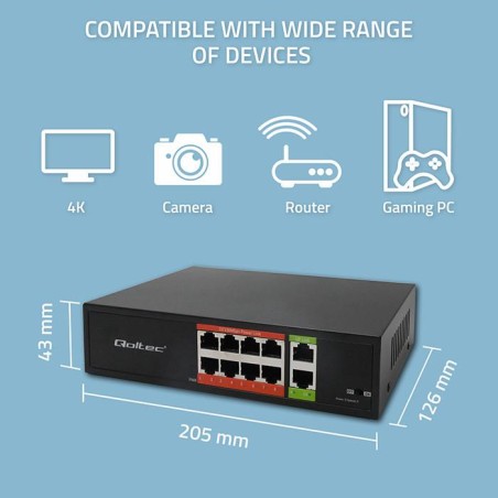 Switch niezarządzalny Qoltec przełącznik sieciowy Fast Ethernet PoE | 8x RJ45 | 2x RJ45 Uplink | 120W | 10/100Mb/s
