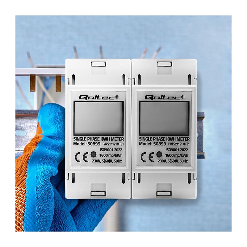Miernik zużycia energii Qoltec na szynę DIN | jednofazowy elektroniczny licznik | 230V | LCD | 2P