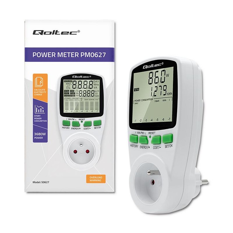 Watomierz Qoltec Licznik zużycia energii PM0627 z historią pomiaru | 3680W | 16A | LCD