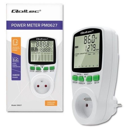 Watomierz Qoltec Licznik zużycia energii PM0627 z historią pomiaru | 3680W | 16A | LCD