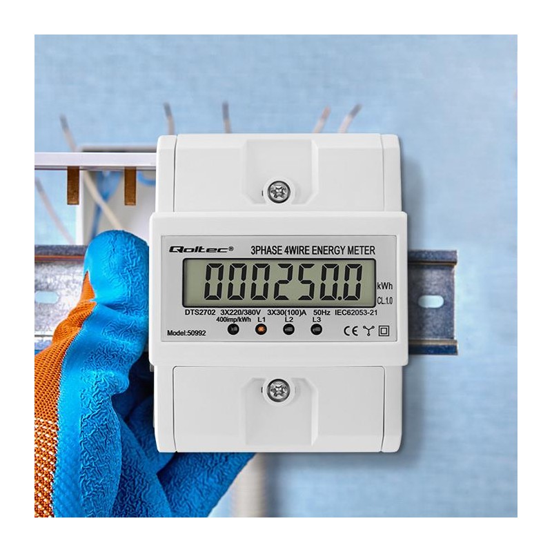 Miernik zużycia enrgii Qoltec na szynę DIN | Trójfazowy elektroniczny licznik | 400V | 100A | LCD | 4P