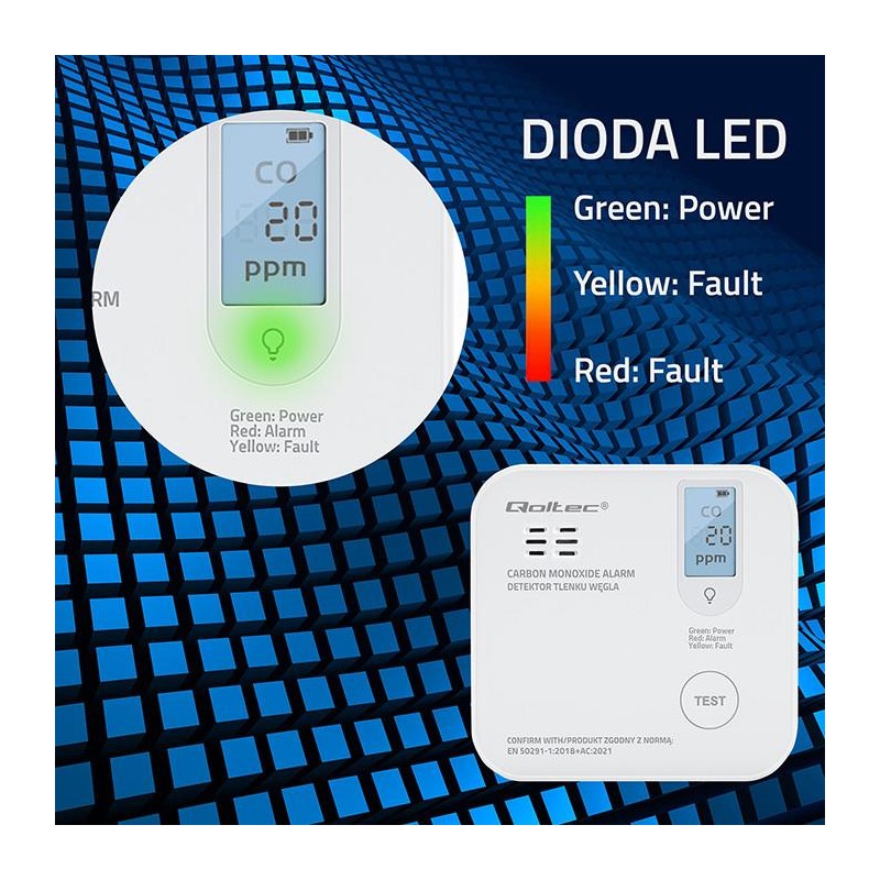 Czujnik tlenku węgla Qoltec z baterią | alarm 85dB | LED