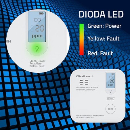 Czujnik tlenku węgla Qoltec z baterią | alarm 85dB | LED