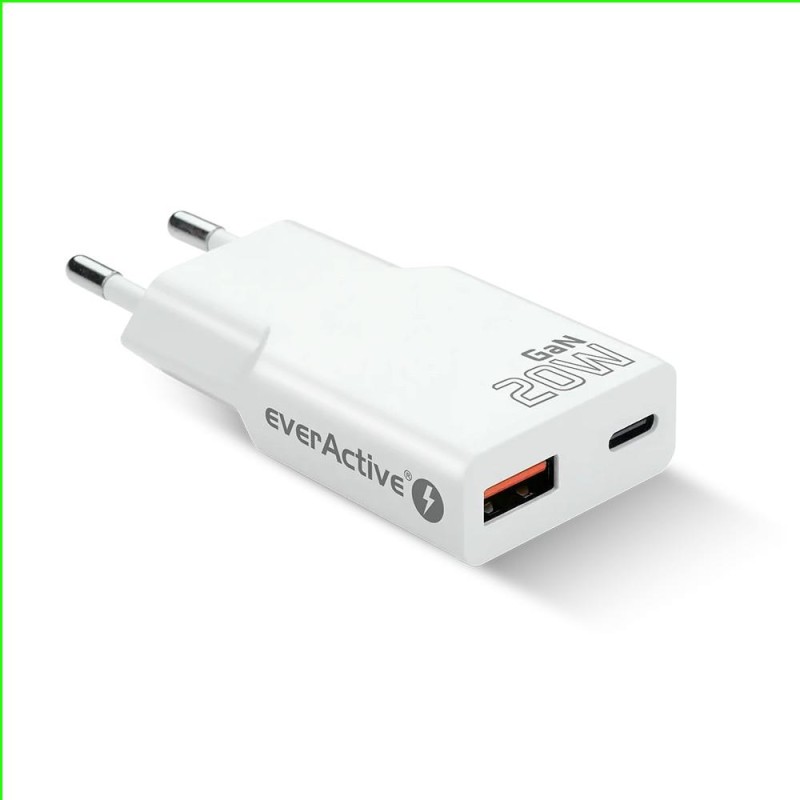 Ładowarka sieciowa everActive GaN SUPER SLIM SC-340Q QC3.0 USB-C PD 20W biała
